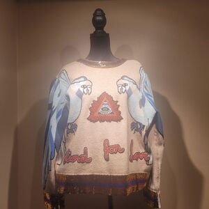 Fashion Sequence Sweater with Bird Design, Zip Back 35% Wool